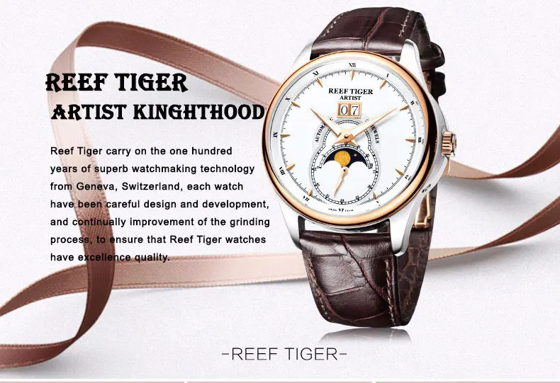 Reef Tiger/RT модные часы для мужчин с двойным окном Дата из натуральной кожи ремешок Часы механические Moon Phase часы RGA1928