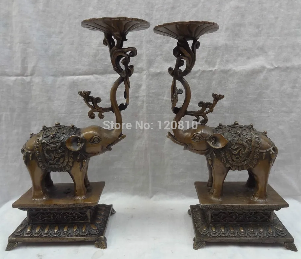 

12" Chinese Bronze Fly Dragon Phoenix Statue Elephant Candle Stick Holder Pair