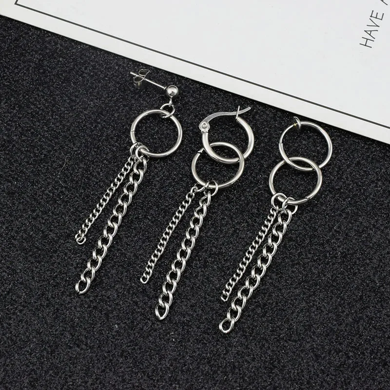 

Unisex Korean Boys Guys Punk Stud Earrings Stainless Steel Long Chain Circle Pendant Ear Clip Women Men Hipster Grunge Accessory