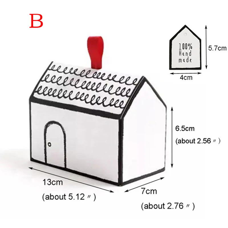 Бумажная коробка дом белая коробка для кексов с красной лентой бумажная бирка для торта печенья декоративная бумага для вечеринок коробка дом форма белый подарок - Цвет: B