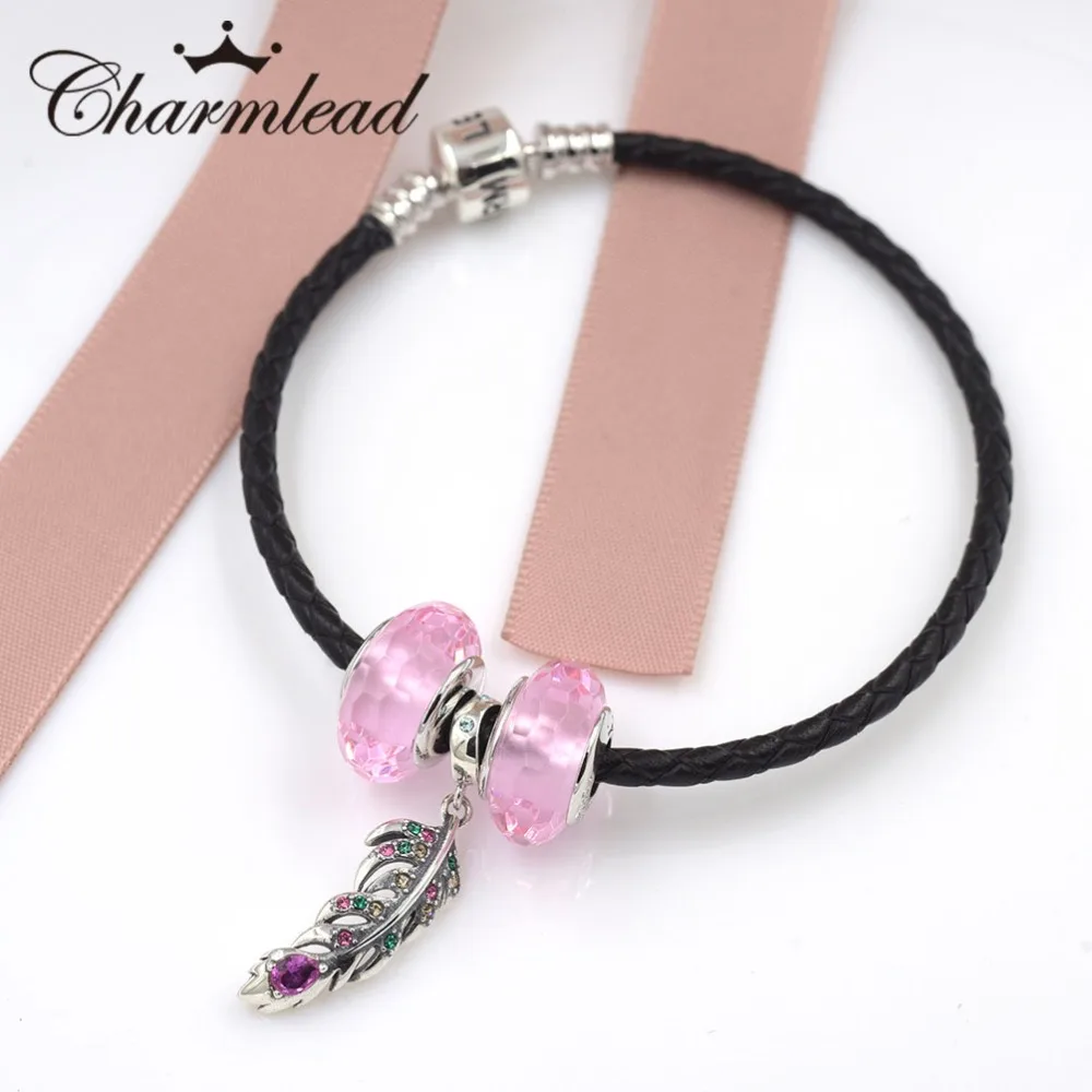 

Charmlead Bracelet Set Black Real Leather 925 Sterling Silver Barrel Clasp 2pc Murano Glass and 1 pc Feather Charm Pendant