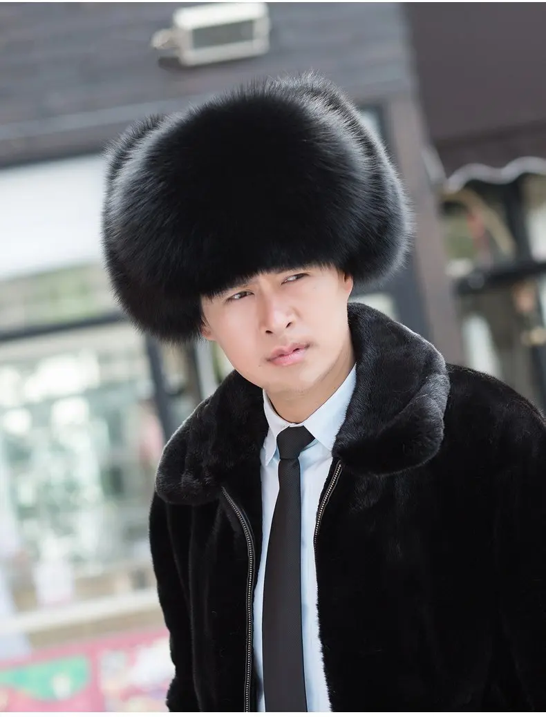 Men and true Black fox Fur Hat Russian 