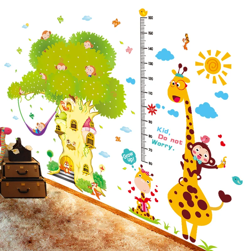 

[shijuekongjian] Monkeys Giraffe Animals Height Wall Stickers DIY Tree Sun Mural Decals for Kids Rooms Baby Bedroom Decoration