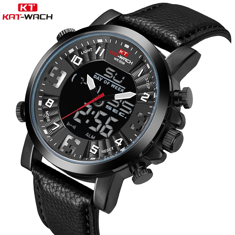 

KAT-WACH Mens Dual Watches Brand Men Leather Sports Watch Men's Quartz Watch LED Digital Clock Waterproof Military Wristwatch