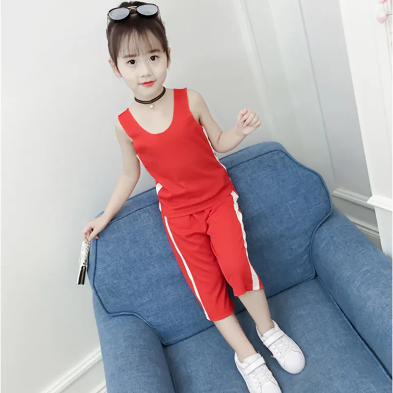 Dfxd 2018 Summer Teens Girl Sport Suit New Cotton Sleeveless O Neck