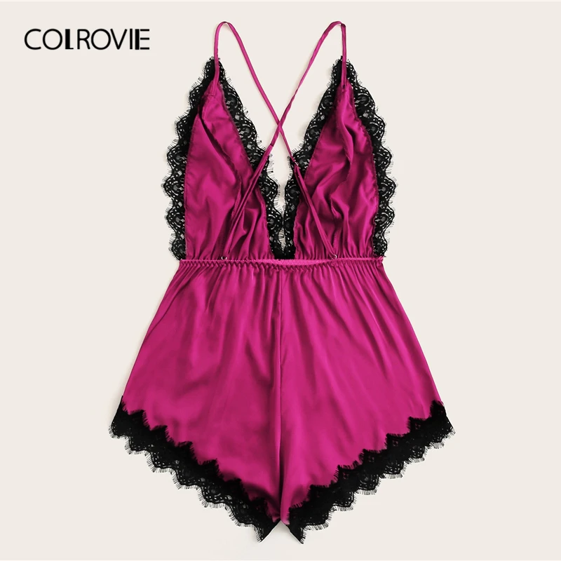 Женский атласный комбинезон COLROVIE кружевной на бретельках с перекрещенными
