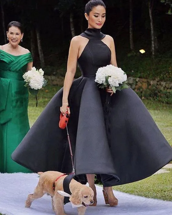 US $71.34 Latest Runway Fashion Cocktail Dress 2019 Spring High Neck Satin A Line Prom Gowns Backless Formal Party Dress Ankle Length