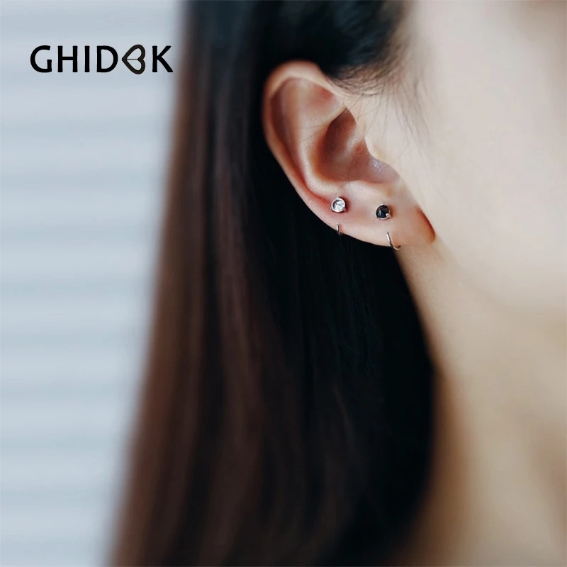 

GHIDBK Simple 925 Sterling Silver Small Huggie Hoop Earrings with Zirconia Ear Piercing Tragus Helix Cartilage Earrings Unisex