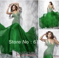 211C58 Hot sale Formal V-neck Open Back Green Fashion Women Long Evening Dresses With Beades And Sequins 2013 Prom Dresses