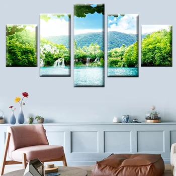 

Modular 5 piece forest waterfall nature landscape poster living room wall art canvas painting home decoration HD printing