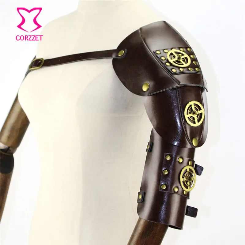 

Brown PU Leather With Gold Gearwheel & Rivet Vintage Steampunk Arm Armor Anime Cosplay Props Halloween Party Gothic Accessories