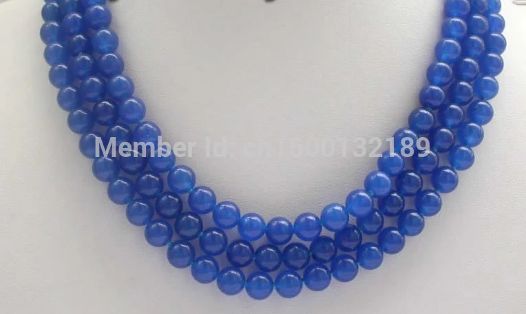 

j00374 3rows Natural Round Navy Blue Jade Necklace Cameo Clasp
