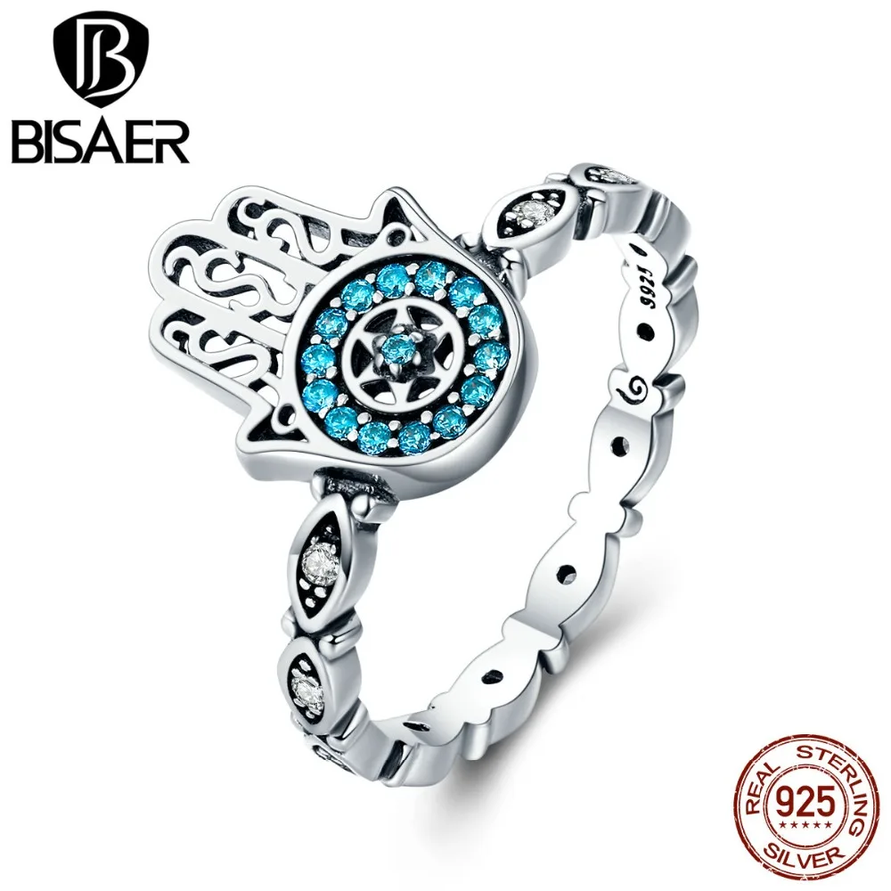 BISAER 925 пробы Серебряное кольцо с голубым глазом Anel Hamsa для женщин, винтажное обручальное кольцо Fatima, ювелирные изделия ECR369