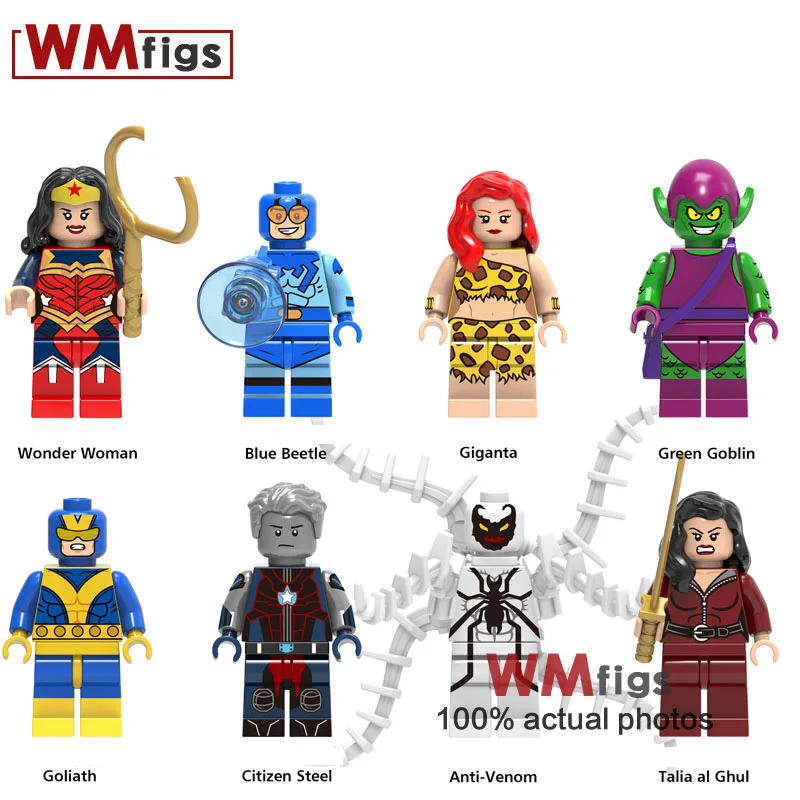 

Single Sale Super Heroes Blue Beetle Green Goblin Wonder Woman Talia al Ghul Anti-Venom Building Blocks Toys for children