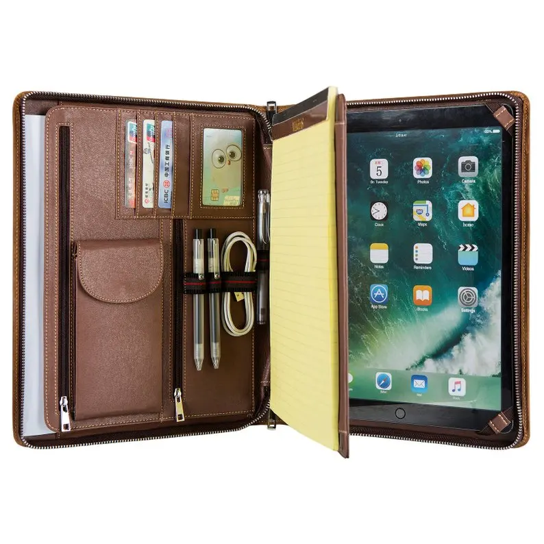 

Personalized Crazy Horse Leather Padfolio Zippered Portfolio Organizer Multi-function Business Case Fit For Most Tablet Models