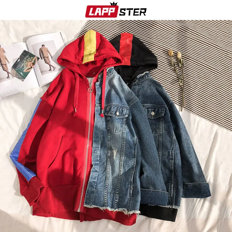 LAPPSTER Men Streetwear Fake Two Pieces Jean Jacket Windbreaker 2019 Mens Patchwork Hooded Bomber Jacket Designer Denim Jackets LAPPSTER Men Streetwear Fake Two Pieces Jean Jacket Windbreaker 2019 Mens Patchwork Hooded Bomber Jacket Designer Denim Jackets