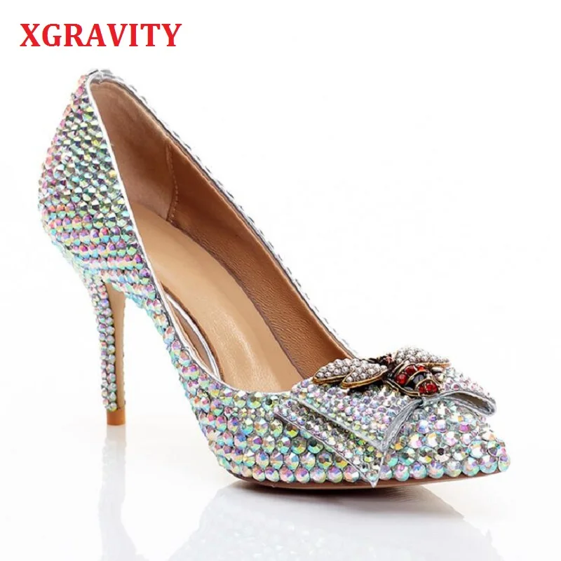 XGRAVITY туфли обувь из натуральной кожи на очень высоком каблуке нарядные туфли с острым носком, украшенные разноцветными кристаллами женские свадебные туфли пчелы женские туфли-лодочки пикантная обувь C317