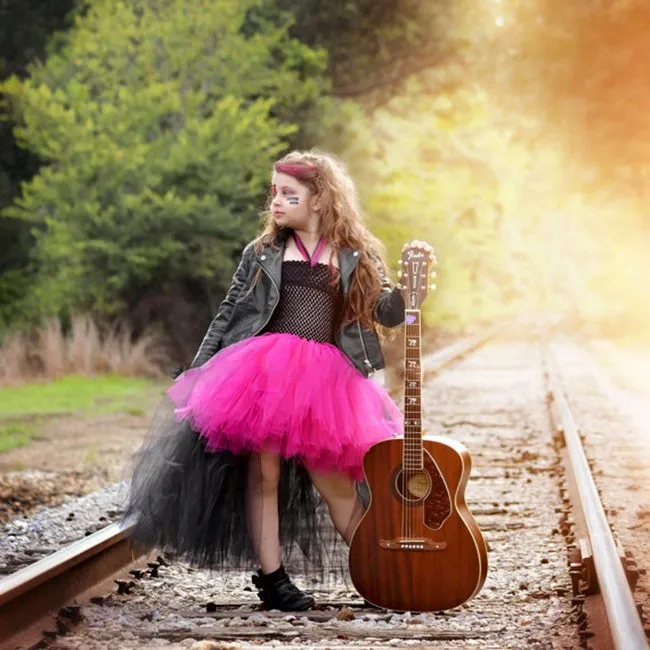 Ярко-розовый и черный тюль Rockstar Обувь для девочек платье наряд для Хэллоуина костюм маленькая платье-пачка для девочек ты увильнул Нарядные платья для девочек