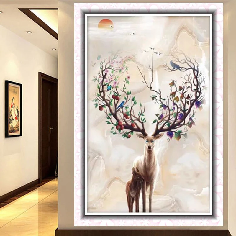 

QIANZEHUI,DIY entrance mother and child elk Embroidery,Round Diamond Full rhinestone 5D Diamond painting cross stitch,needlework