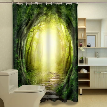 

Green Forest Waterfall 3D Shower Curtains Bathroom Curtain Waterproof Thickened Bath Curtain Customizable