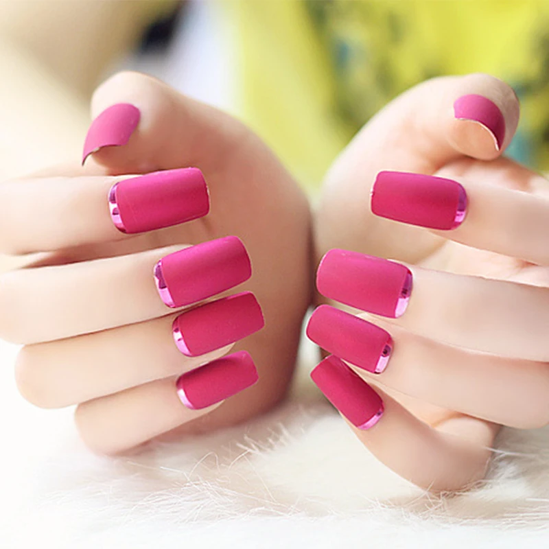 24pcs/Set Blue Purple Rose Red French False Nails Silver Metal Side