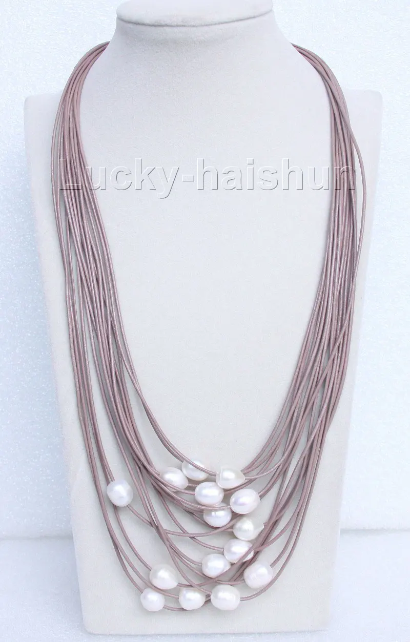 

Hot selling free shipping******* 21" 15row 14mm white pearls coffee leather necklace magnet clasp