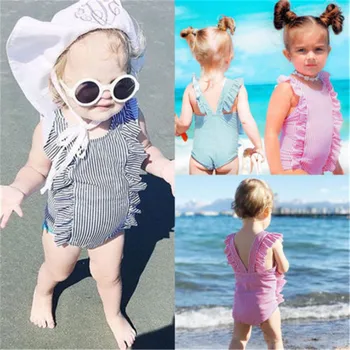 

Summer Children Kids Newborn Baby Girls Bikini One-piece Sleeveless Ruffles Striped Swimwear Infant Girls Beachwear Swimsuit