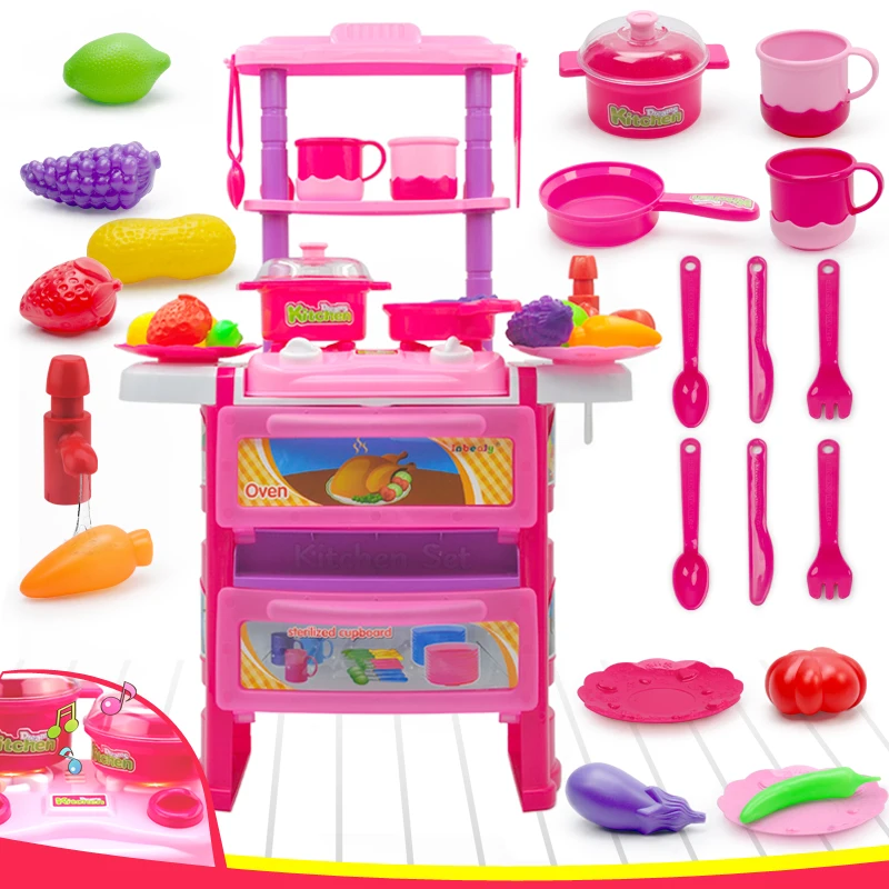 

Children Kitchen Cooking Toy With Light Sound Large Simulation Table Model Utensils Toys 23pcs Pretend Play Educational Toy Kids