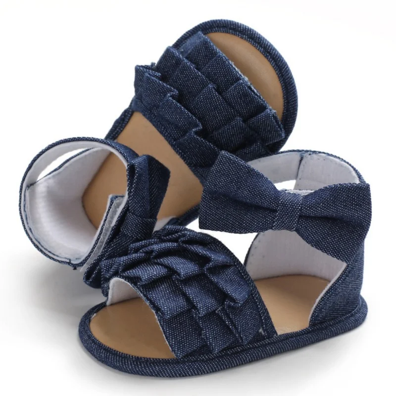 Сандалии из джинсовой ткани для маленьких девочек; обувь для новорожденных; летние сандалии для младенцев; обувь для девочек с кружевным бантом