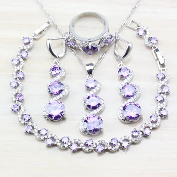 

Bridal Accessories Purple Natural Crystal Silver-Color Women Costume Long Dangle Earrings/Necklace/Bracelet/Ring Jewelry Sets