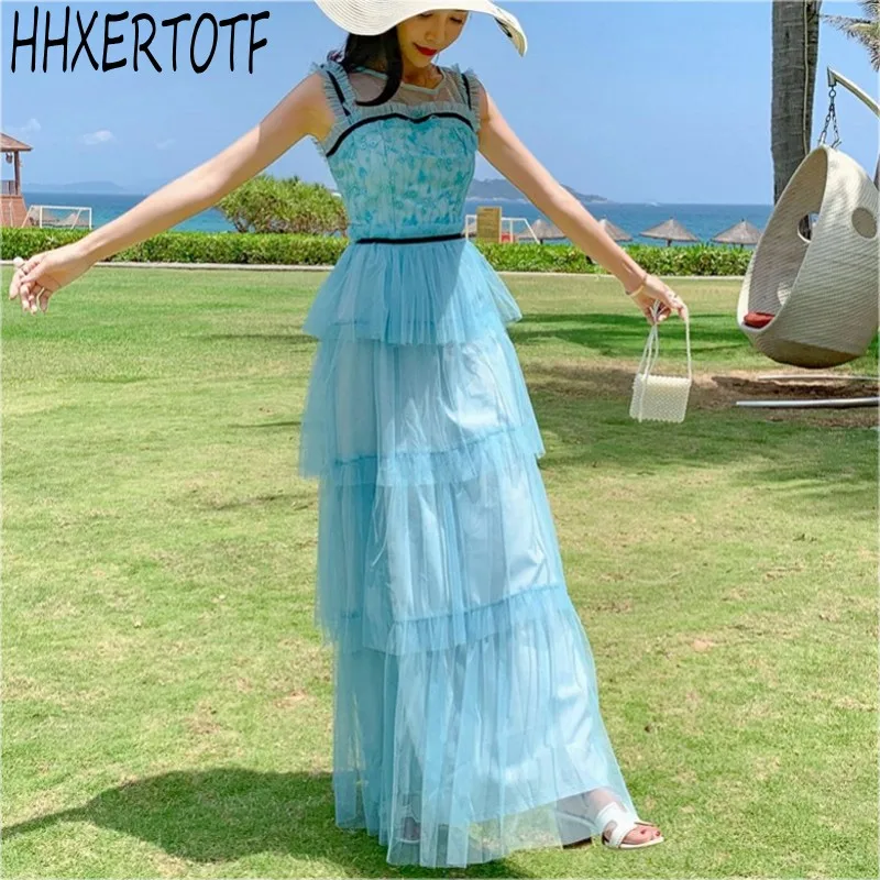 

High Quality Newest 2019 Runway Maxi Dress Women's sleeveless Stunning Embroidery Gauze Patchwork Stacked cake Long Dress