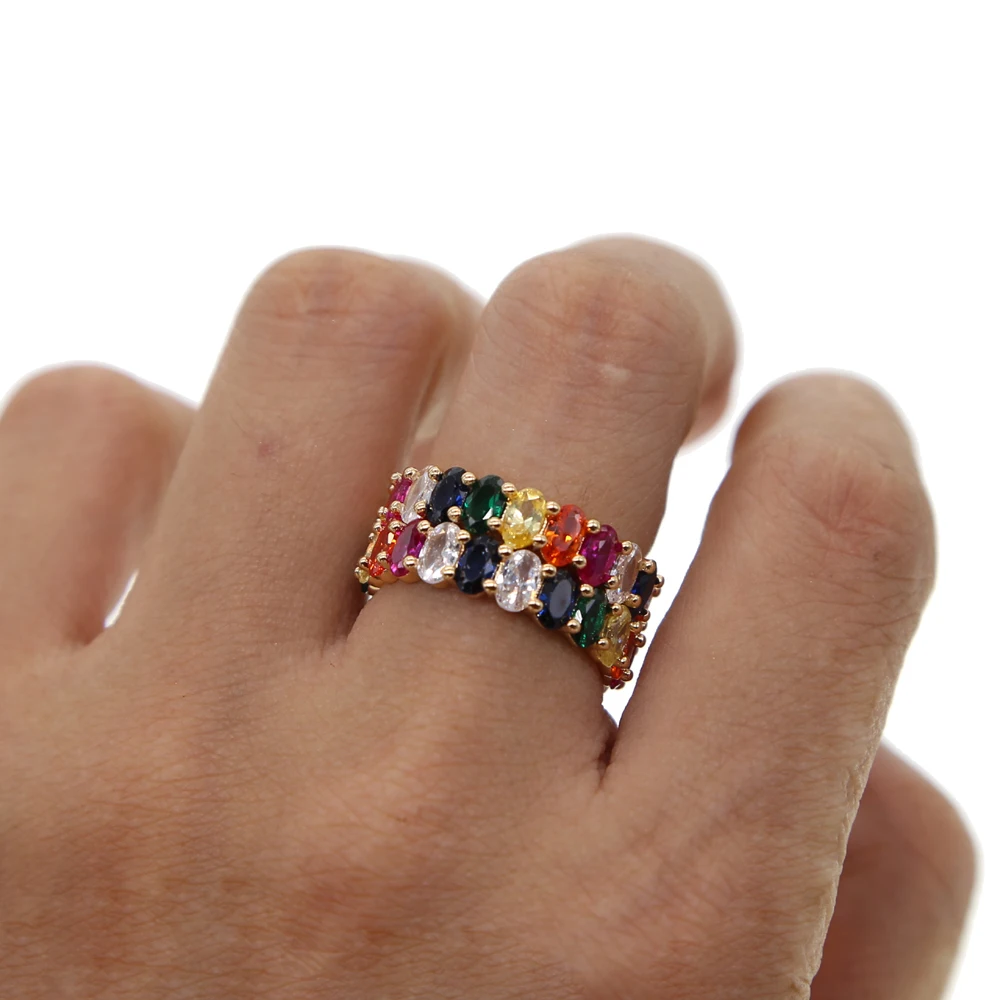 Позолоченные ювелирные изделия радужной овальной формы cz обручальное кольцо для женщин красочный кубический цирконий cz вечность браслет Изысканное кольцо