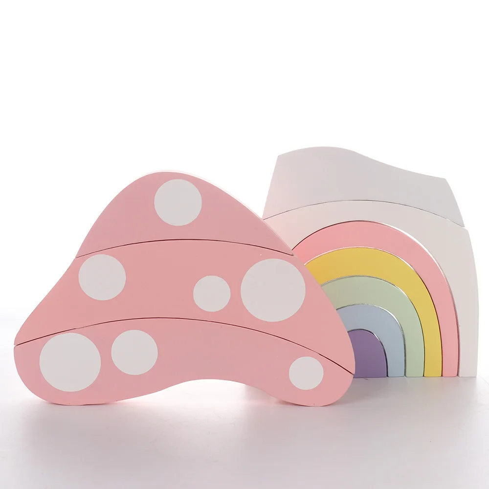 

Wooden Mushroom House Rainbow Block Set Stacking Game Building Learning Toy Kids Model Building Toy