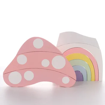 

Wooden Mushroom House Rainbow Block Set Stacking Game Building Learning Toy Kids Model Building Toy