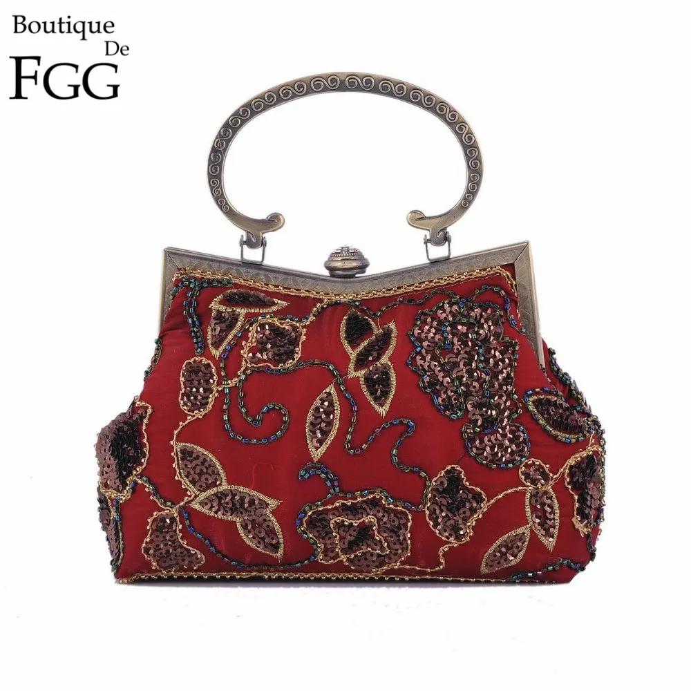 Boutique De FGG винтажный китайский стиль женский красный Шелковый Цветочный вышитый бисером вечерний кошелек клатчи блестки вышивка металлическая рамка сумочка