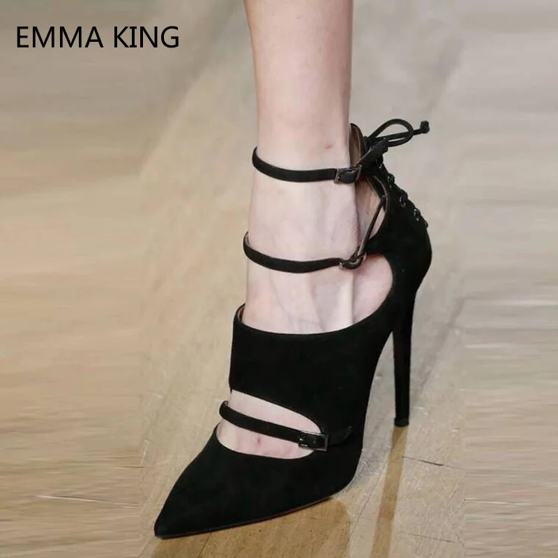 

New Stiletto High Heel Pumps Women Black Pointed Toe Suede Narrow Band Gladiator Sandals Buckle Strap Ladies Summer Heels Pumps