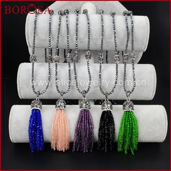 

BOROSA Wholesale 30'' Beaded Necklaces Paved Rhinestone Beads Colors Tassel Necklece Drusy Crystal Fashion Gems Jewelry JAB587