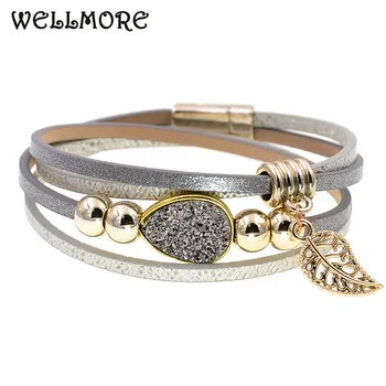 WELLMORE fashion jewelry leather bracelet beaded bracelets leaf stone wrap bracelets for women Bohemian bracelet wholesale