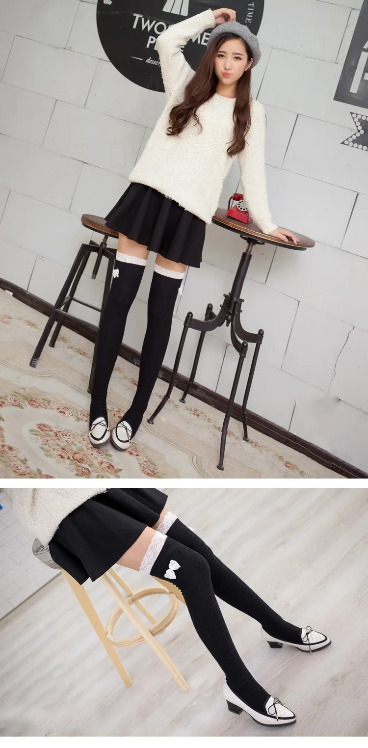 Японские милые чулки в стиле Лолиты для женщин; Calcetines Altos Mujer; кружевные носки выше колена с бантом; теплые хлопковые чулки для девочек