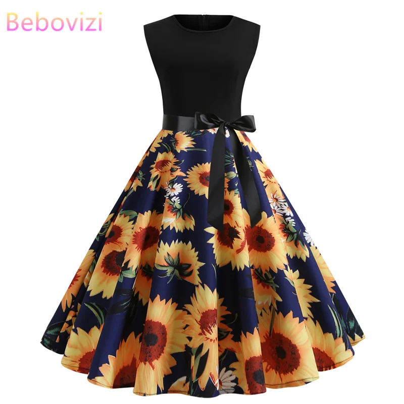 

Bebovizi 2019 Summer Fashion Women Black Patchwork Sunflower Print Dresses Casual Elegant Plus Size Vintage Sexy Bandage Dress