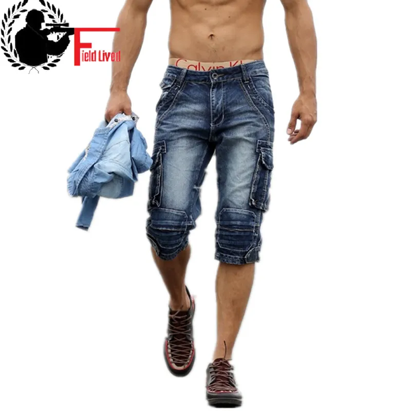 

2023 New Summer Men's Retro Denim Shorts Casual Washed Male Fashion Short Jeans Knee-length Overall Combat Cargo Military Style