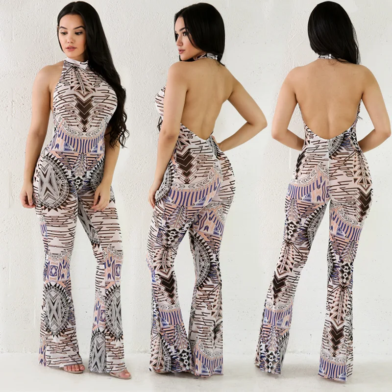 Casual Women One Piece Outfits slim fashion Jumpsuits womens backless print mesh binding band