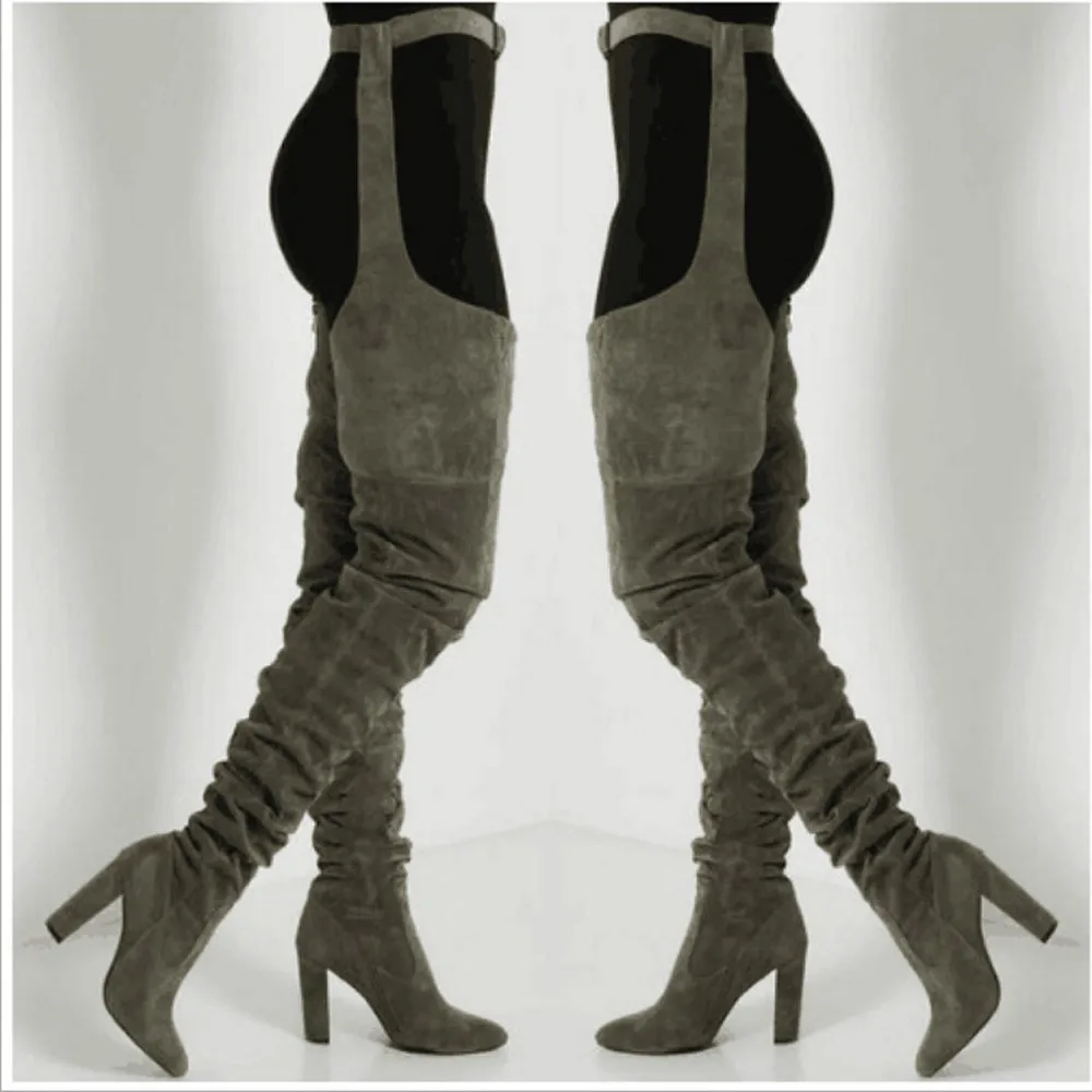 

Women Pleated Flock Over The Knee Thigh High Long Boots Lady Fashion Waist Belt Thick High Heels Pointed Toe High Boots