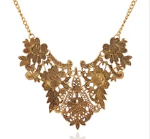 Vintage Tibet Silver Plated Flower Hollowed Statement Bib Chain Pendant Necklace for Woman Choker Necklace 2016