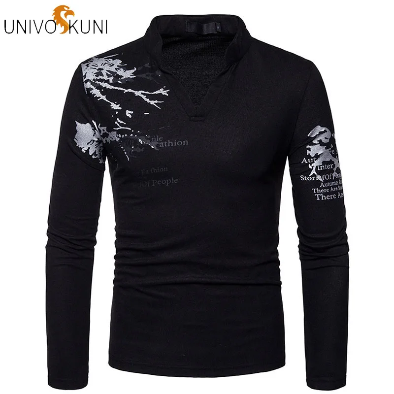 

UNIVOS KUNI 2018 Men T-shirt Slim Dress Long Sleeve T-shirt V-neck Collar Casual T-shirts Printing Streetwear Men T-shirt Q531