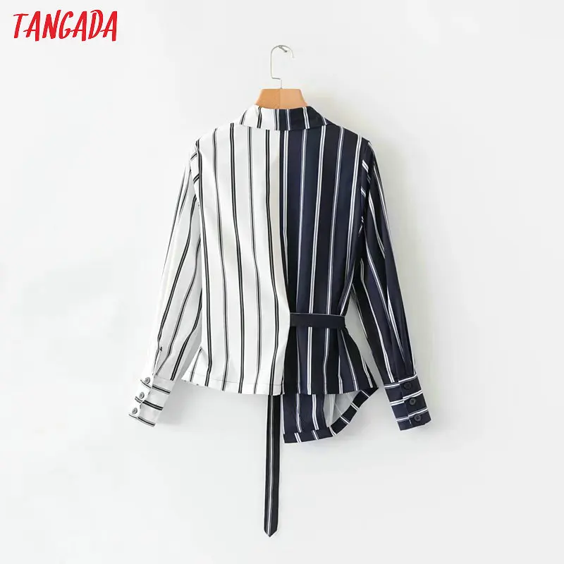 Tangada дизайнерская блузка полосатая блузка черная блузка белая рубашка с поясом приталенная рубашка ассиметричная блузка с длинным рукавомPDL78