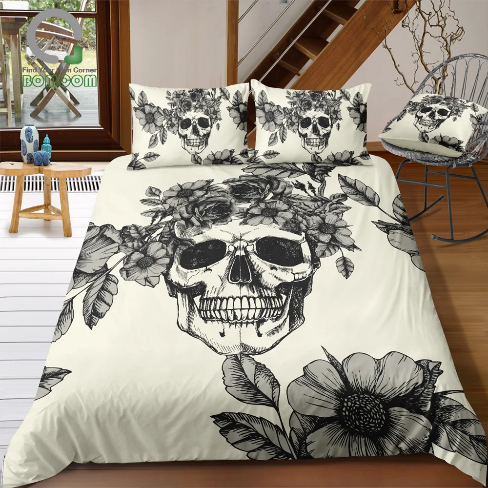 

BOMCOM 3D Digital Printing Duvet Cover Set Hand-painted Skull Flower Wreath Roses Skull Bedding Set 100% Microfiber