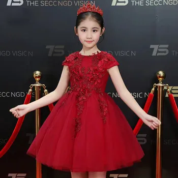

Baby Kids Wine-Red Elegant Nice Birthday Wedding Party Princess Lace Mesh Dress Little Girls Children Embroidery Flowers Dress
