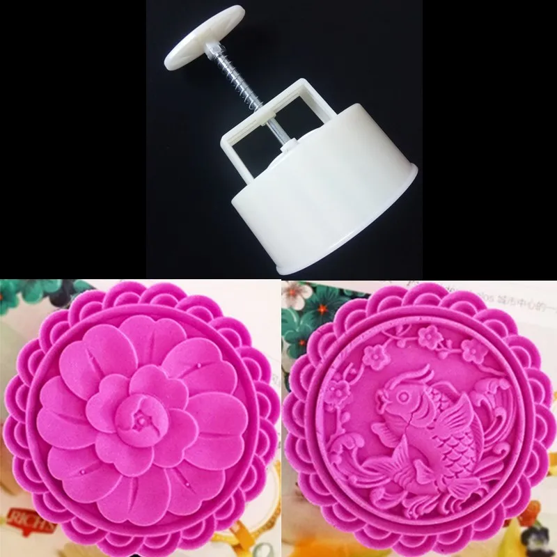 

Giant Round 10 CM Moon Cake Mold Hand Press Fish Flower Stamps Plastic Baking Pastry Tools 250 Grams Chinese Mooncake Mould