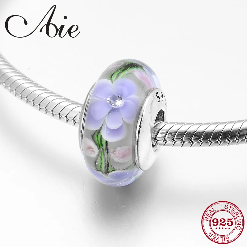 

Fashion 925 Sterling Silver White Purple flowers Murano Glass Beads fit Original Diy Pandora Charms Bracelet Jewelry making